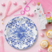 青と白の花鳥タイル ペーパープレート (パーティー)