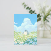 青と白の草原に佇む愛らしいペンギン ポストカード (スタンド正面)