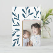 青と白の葉のフレームクリスマス シーズンカード (スタンド正面)
