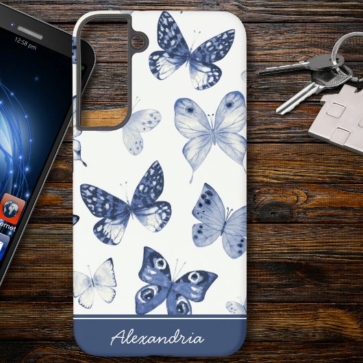 青と白の蝶のモノグラム SAMSUNG GALAXYケース
