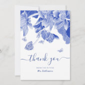 青と白の蝶の花ブライダルシャワー サンキューカード (正面)