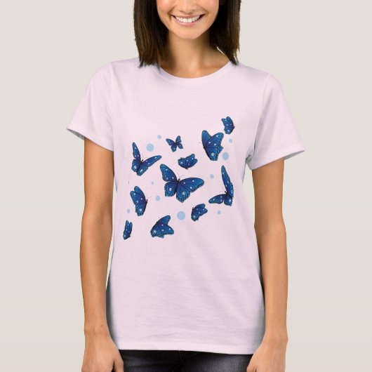 青と白の蝶Tシャツのトレンディー Tシャツ (正面)