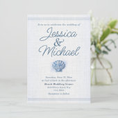 青と白の貝殻をモチーフにした海辺のウェディング 招待状 (スタンド正面)