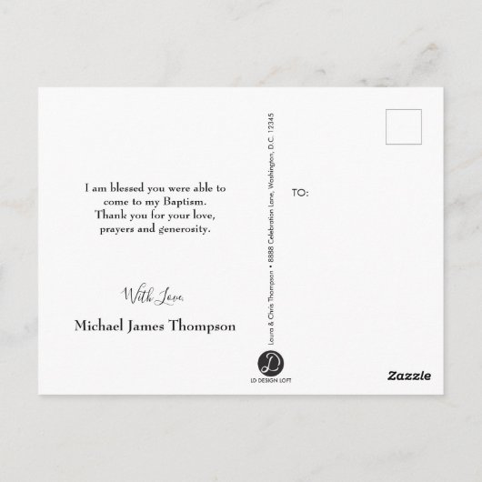 青と白の赤ちゃん男の子の洗礼感謝 ポストカード (裏面)