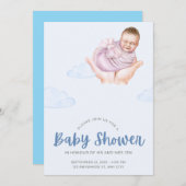 青と白の赤ユニークちゃんシャワーの招待 招待状 (正面/裏面)