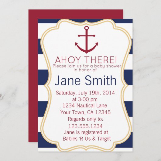 青と白の赤航海のちゃんシャワー招待状 招待状 (正面/裏面)