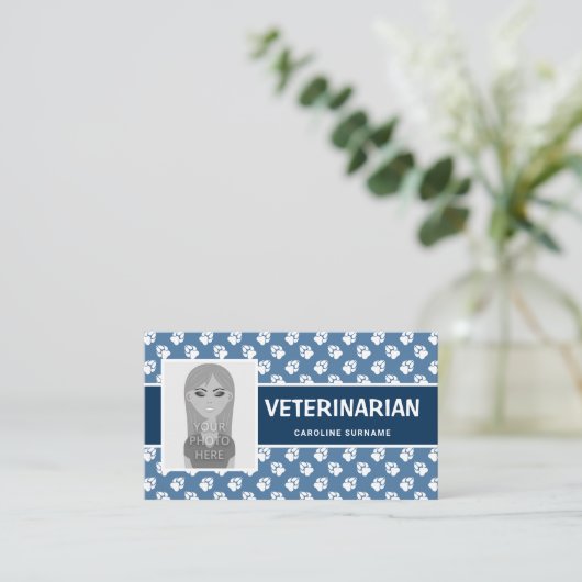 青と白の足と自分の写真の獣医師 名刺 (スタンド正面)