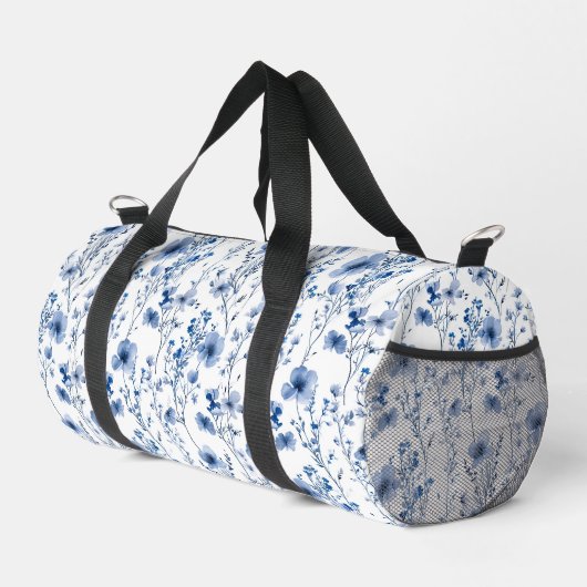 青と白の野の花の水彩花柄 ダッフルバッグ (右コーナー)