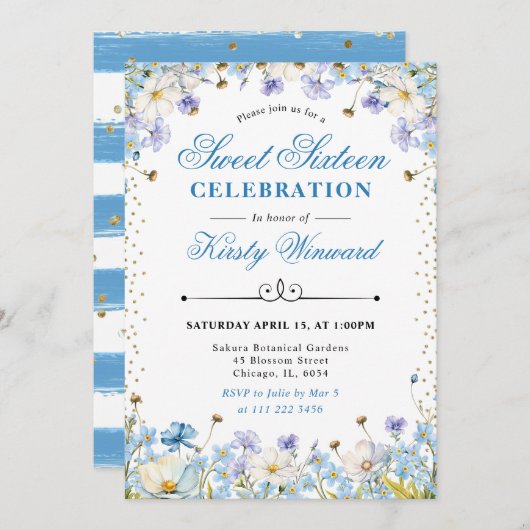 青と白の野忘れ花私Nots甘い16 招待状 (正面/裏面)