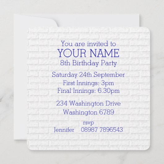 青と白の野球ジャージーの誕生日パーティー 招待状 (裏面)