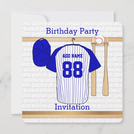 青と白の野球ジャージーの誕生日パーティー 招待状 (正面)