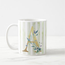 青と白の金ゴールドのイニシャルストライプA コーヒーマグカップ