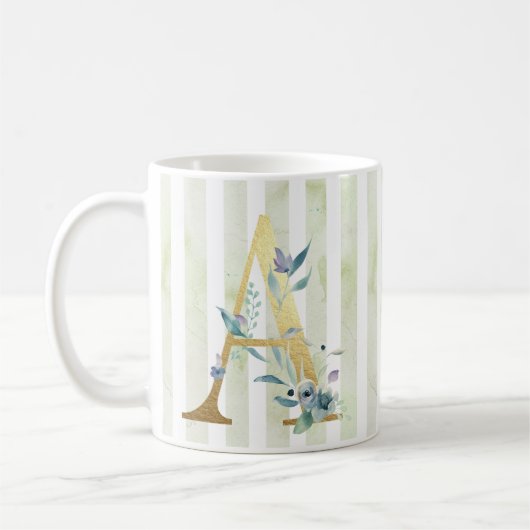 青と白の金ゴールドのイニシャルストライプA コーヒーマグカップ (左)