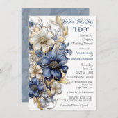 青と白の金ゴールド芸術品を気取ったエッジの花 招待状 (正面/裏面)