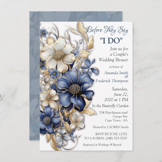 青と白の金ゴールド芸術品を気取ったエッジの花 招待状 (正面/裏面)