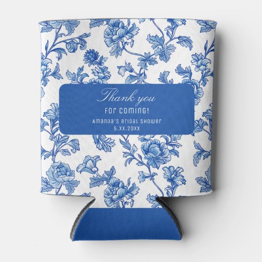 青と白の陳腐なバラ牡丹 缶クーラー (正面)