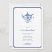 青と白の陳腐なブライダルシャワー茶パーティー 招待状 (正面)