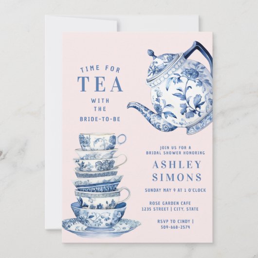青と白の陳腐なブライダルシャワー茶パーティー 招待状 (正面)