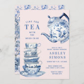 青と白の陳腐なブライダルシャワー茶パーティー 招待状 (正面/裏面)