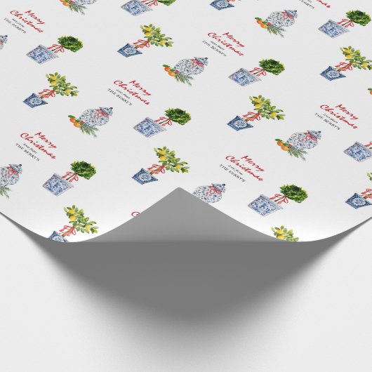 青と白の陶器のクリスマス ラッピングペーパー (角)