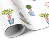 青と白の陶器のクリスマス ラッピングペーパー (ロールコーナー)