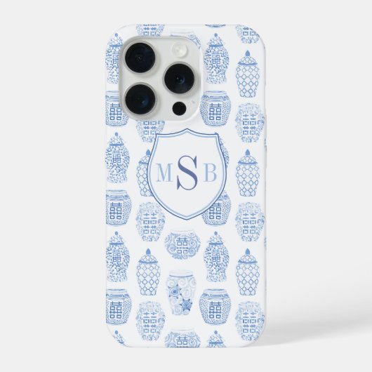 青と白の陶磁器プリント モノグラム 水彩画 iPhoneケース (裏面)