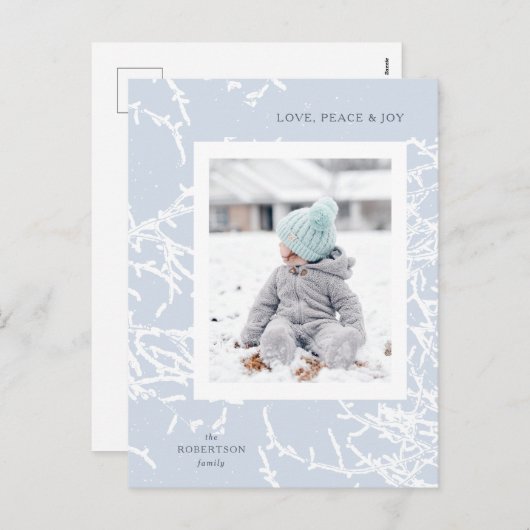 青と白の雪の枝ホリデーフォトポストカード シーズンポストカード (正面/裏面)