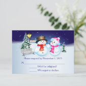 青と白の雪の結婚式RSVPカード 出欠カード (スタンド正面)