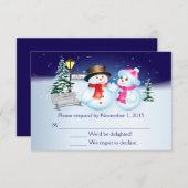 青と白の雪の結婚式RSVPカード 出欠カード (正面/裏面)