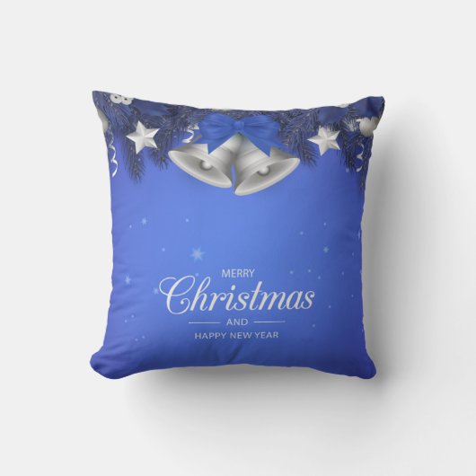 青と白の雪の結晶と星のメリークリスマスベル クッション (正面)