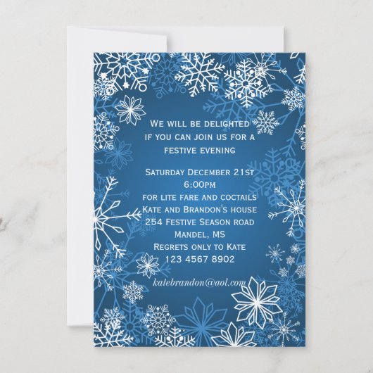 青と白の雪の結晶のクリスマス パーティー 招待状 (正面)