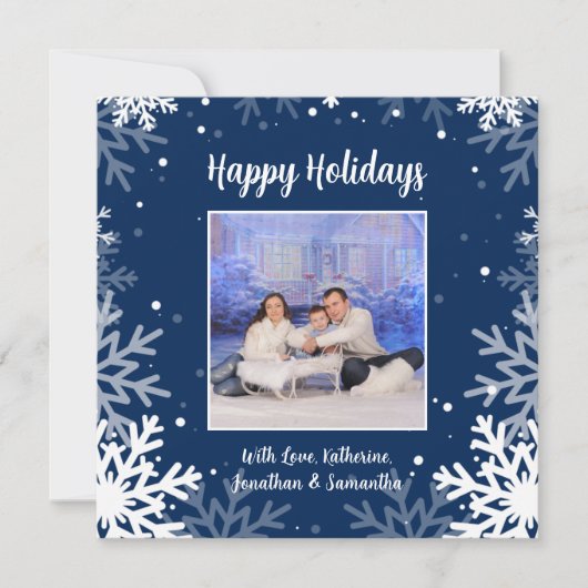 青と白の雪の結晶の写真で楽しいホリデーシーズンを  シーズンカード (正面)