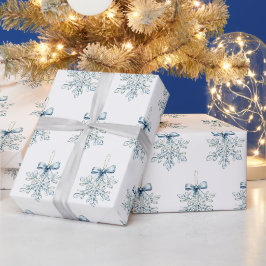 青と白の雪の結晶の弓 クリスマス ラッピングペーパー