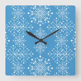 青と白の雪の結晶パターン スクエア壁時計