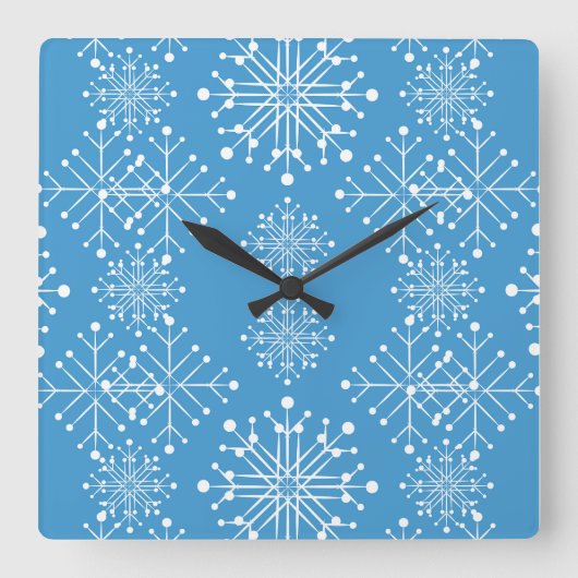 青と白の雪の結晶パターン スクエア壁時計 (正面)