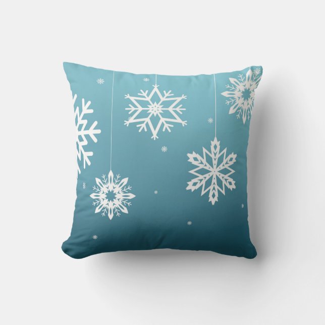 青と白の雪の結晶模様 クリスマス クッション (正面)
