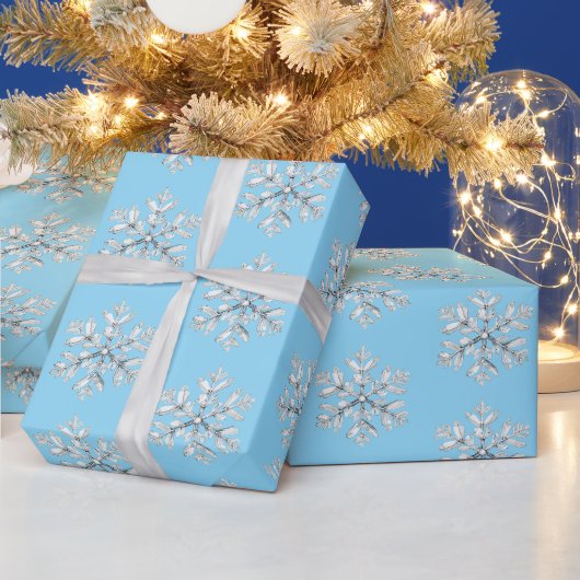 青と白の雪の結晶 クリスマス ラッピングペーパー (クリスマス)