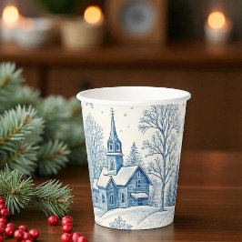 青と白の雪の風景クリスマスデザイン 紙コップ
