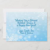 青と白の雪片ファミリー写真クリスマス 招待状 (裏面)