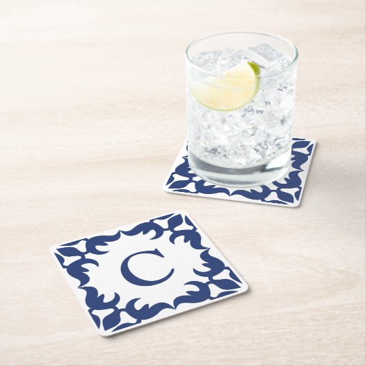 青と白の青のスクロールフレームモノグラム スクエアペーパーコースター (インサイチュ)