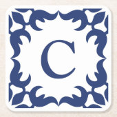 青と白の青のスクロールフレームモノグラム スクエアペーパーコースター (正面)