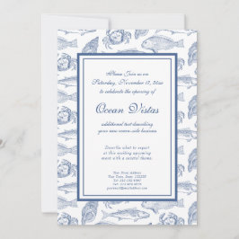 青と白の魚とカニのエレガントな海岸イベント 招待状