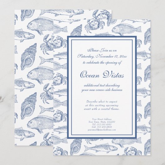 青と白の魚とカニのエレガントな海岸イベント 招待状 (正面/裏面)