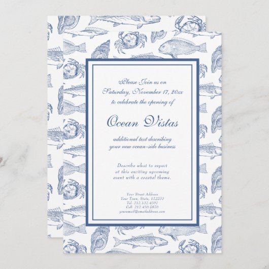青と白の魚とカニ沿岸エレガントイベント 招待状 (正面/裏面)