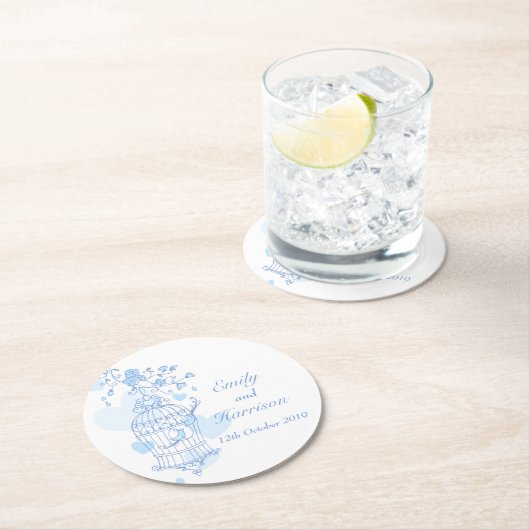 青と白の鳥がケージのコースターを開結婚く ラウンドペーパーコースター (インサイチュ)