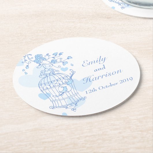 青と白の鳥がケージのコースターを開結婚く ラウンドペーパーコースター (アングル)