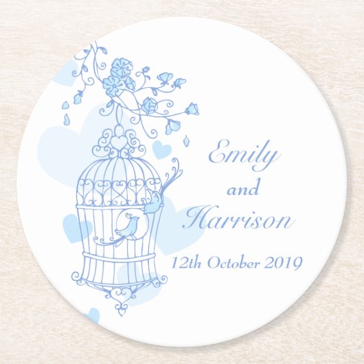 青と白の鳥がケージのコースターを開結婚く ラウンドペーパーコースター (正面)