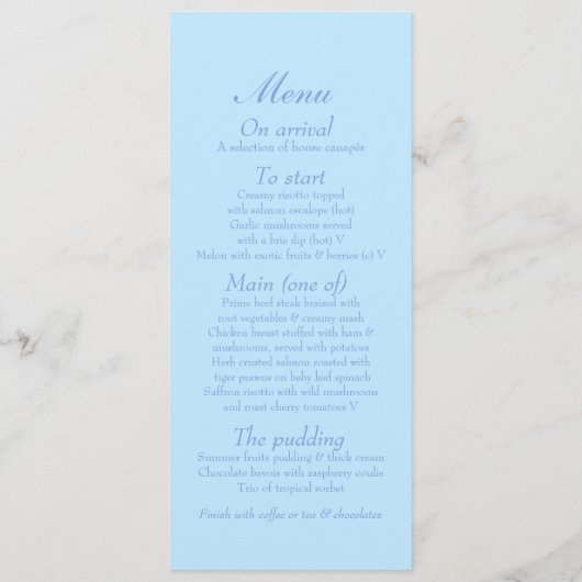 青と白の鳥のケージの結婚ディナーメニュー メニュー (裏面)