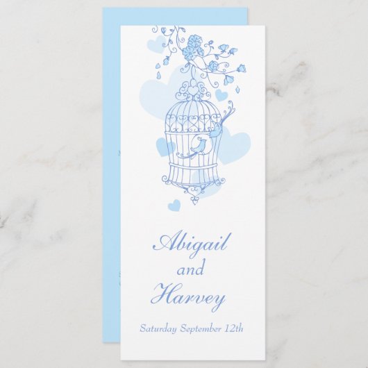 青と白の鳥のケージの結婚ディナーメニュー メニュー (正面/裏面)