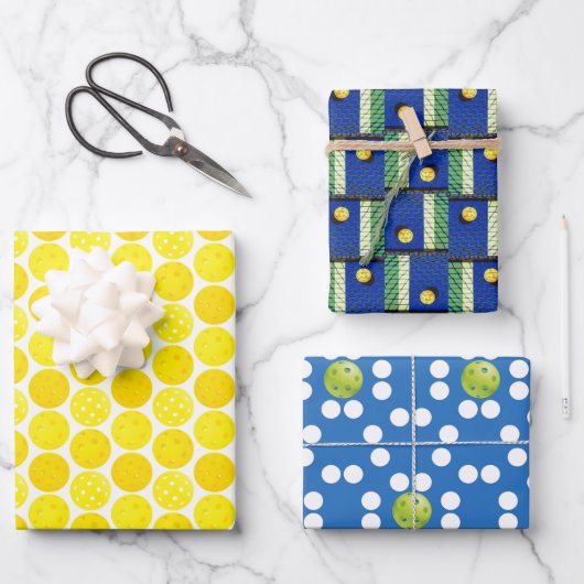 青と白の黄色のピックボール ラッピングペーパーシート (正面)